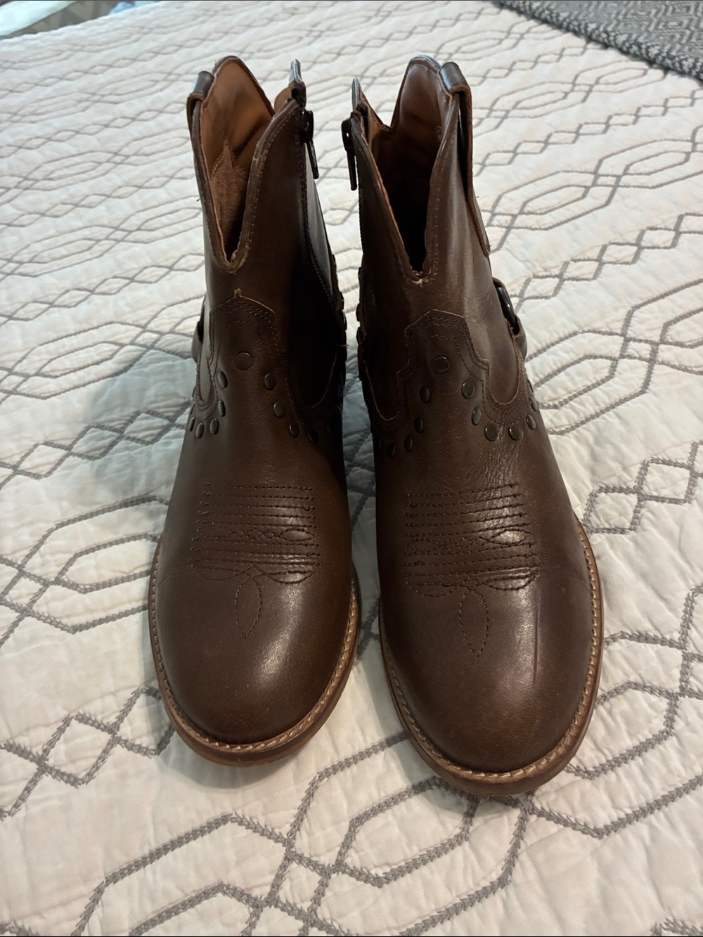 Myra Bag Dark Brown Leather Western Ankle Booties with Stud Embellishments